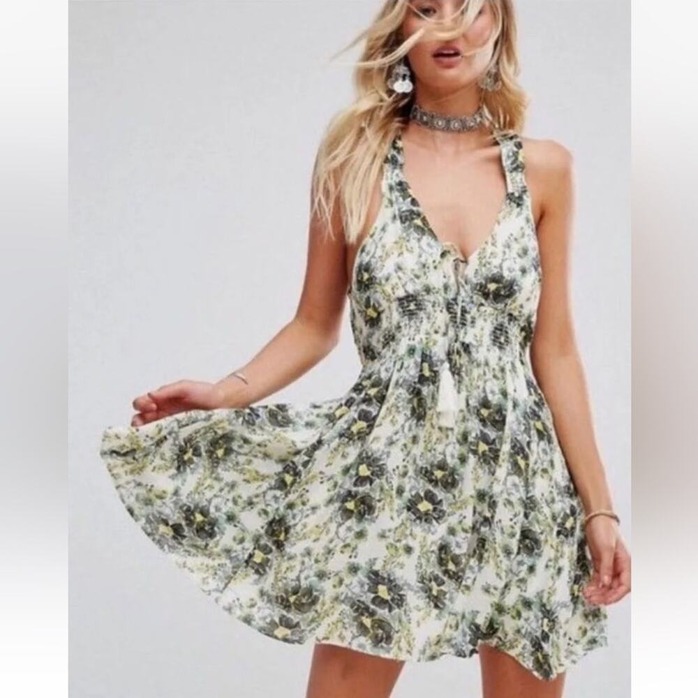 Free People Washed Ashore Floral Print Mini Dress Boho Ivory Green Women Size M